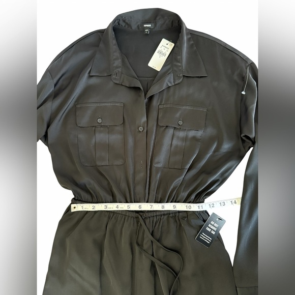 Express Black Satin Utility Jumpsuit Wide Leg Flowy Long Sleeve Size M NWT - Picture 6 of 7